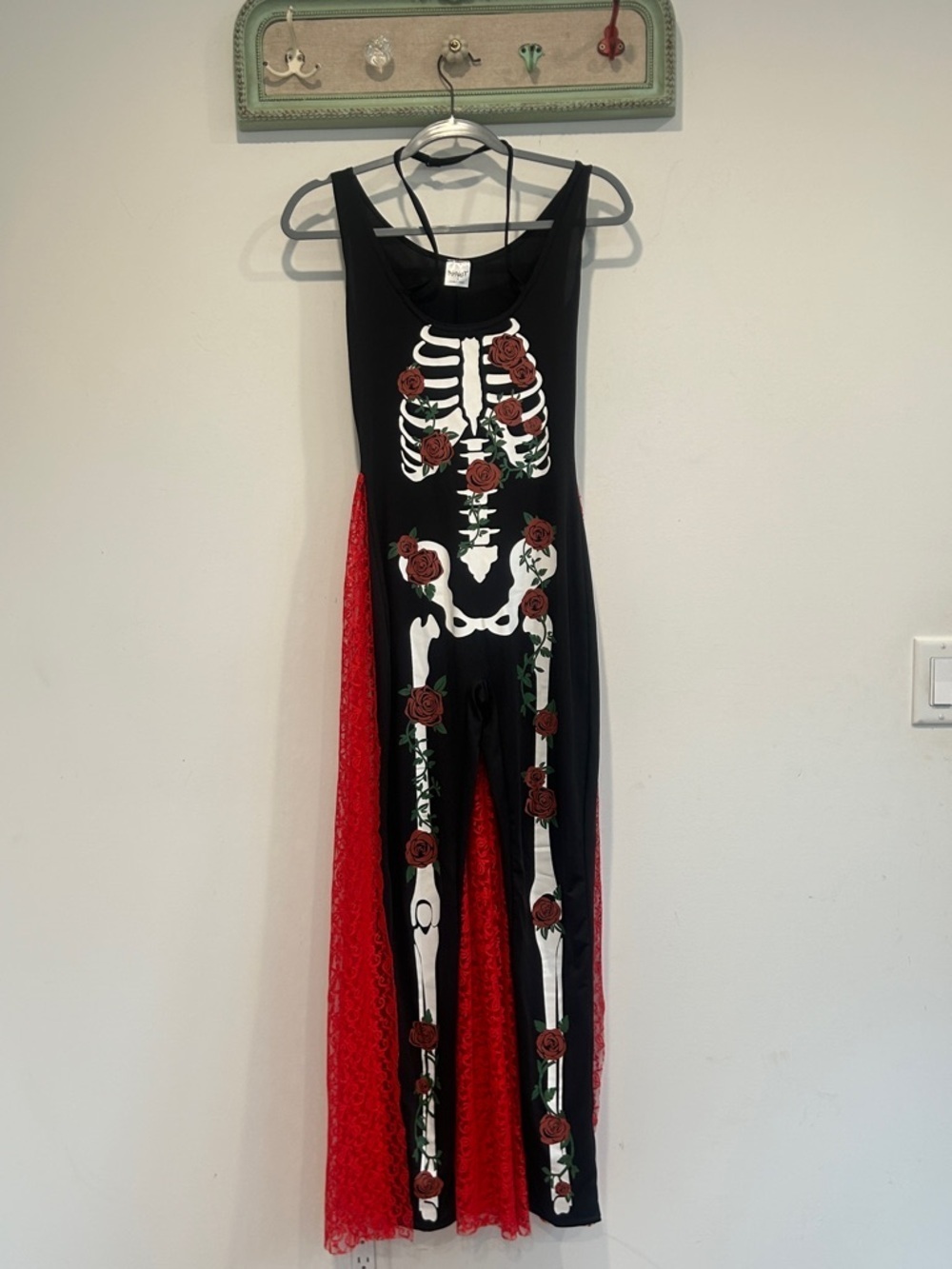 Spirit Black Jumpsuit with White Skeleton Print Red Rose Embellishments small